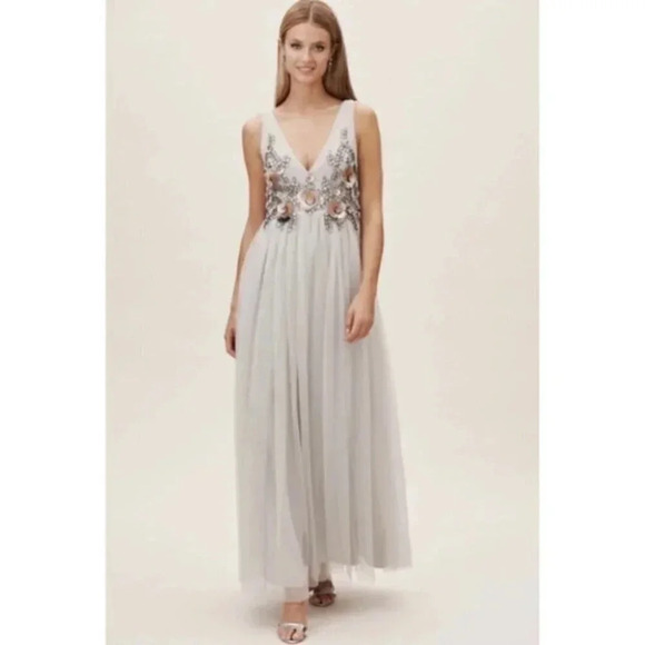 NWT Anthropologie Isabel Maxi Dress Sequins Embellished Wedding in Grey Fog - Picture 1 of 14